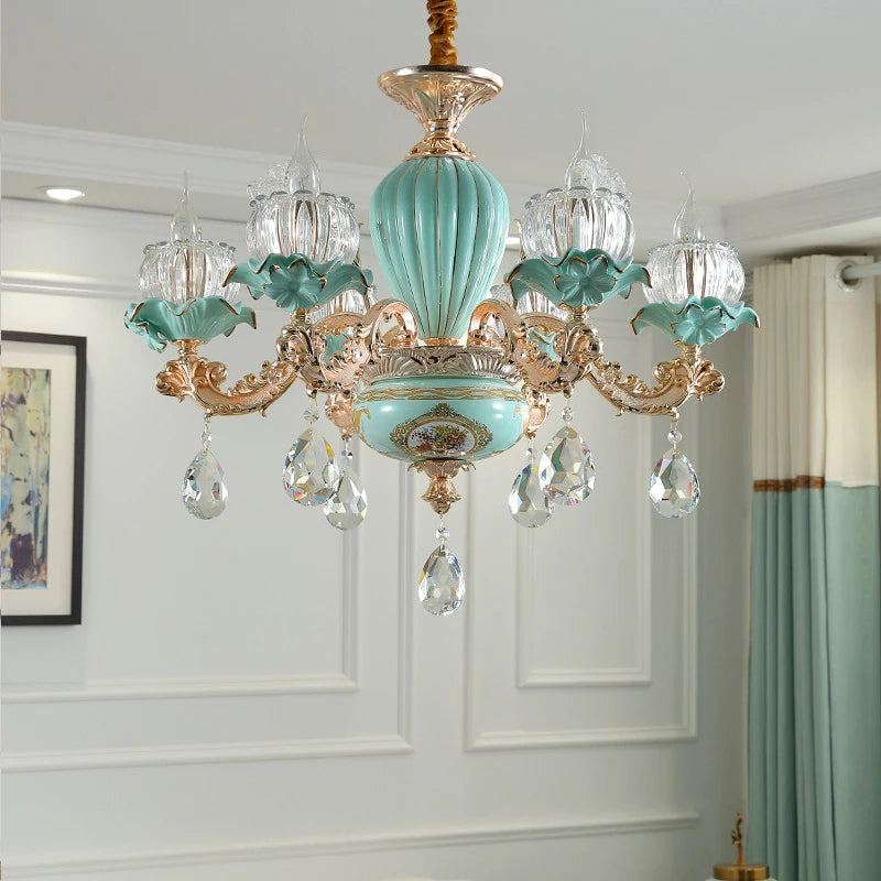lustre de luxe moderne style européen rétro en cristal et céramique - vue 6 sur 13