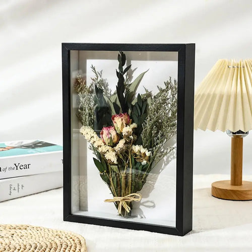 cadre photo en bois avec fleurs séchées et plantes 3D fait main - vue 2 sur 10