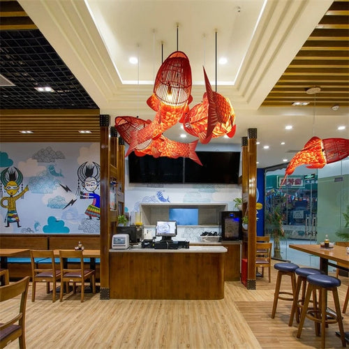 suspension Moderne en bois gros poisson lumières style chinois bambou créatif restaurant - vue 3 sur 12