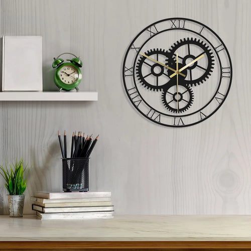 horloge murale rétro silencieuse à chiffres romains et engrenages mécaniques - vue 3 sur 8
