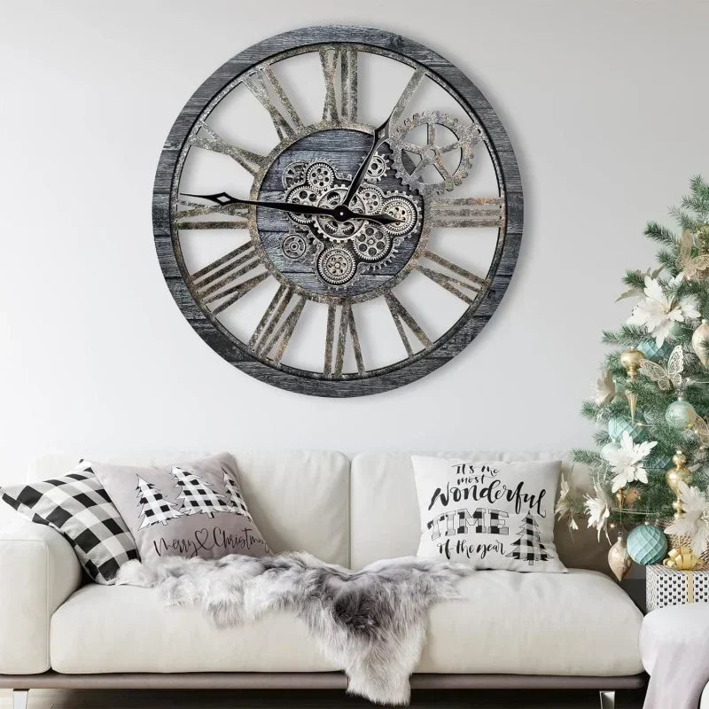 horloge murale en bois style rétro avec engrenages mobiles décorative - vue 3 sur 7
