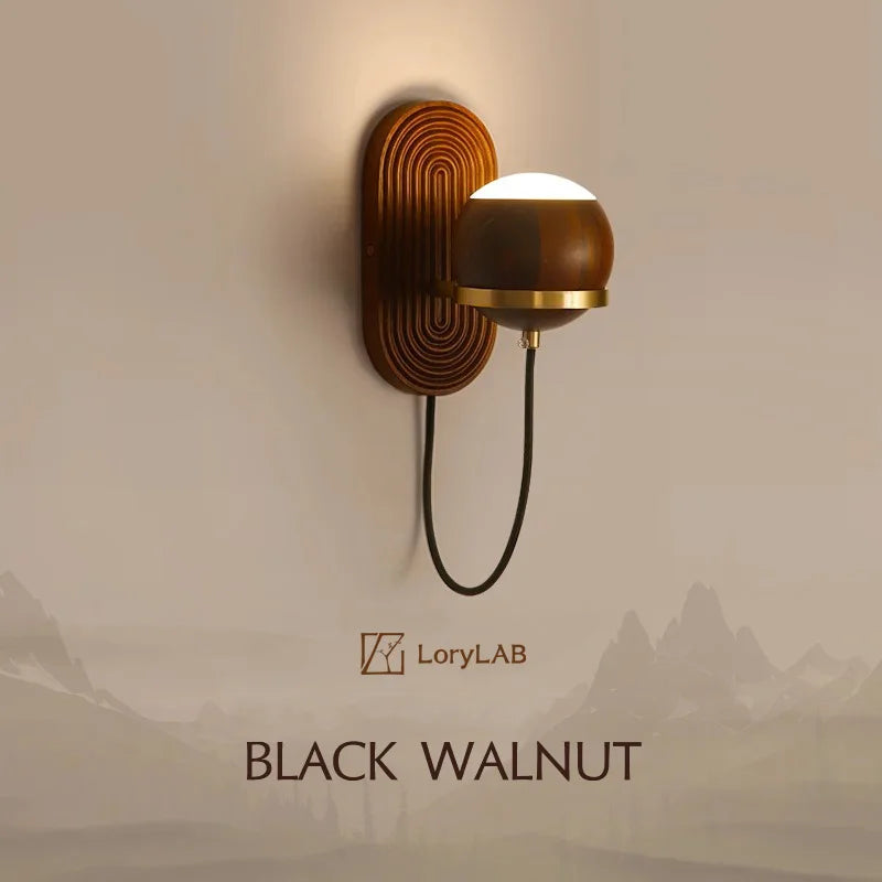 Walnut Wood Circular Sphere, Wabi-sabi minimalist Modern style, Wall Sconce light for Bedroom, Bedside, Living, Dining Room - vue 1 sur 8