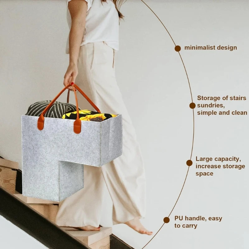 panier d'escalier pliable en feutre avec poignées en cuir - vue 10 sur 11