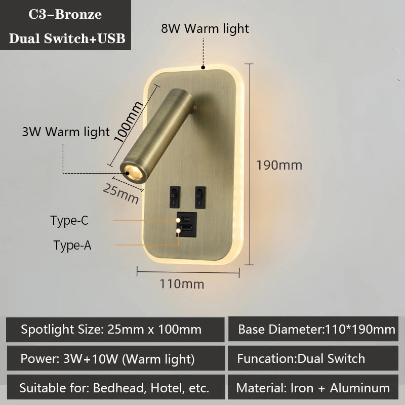 applique murale moderne avec ports usb et lampes de lecture réglables - vue 12 sur 16