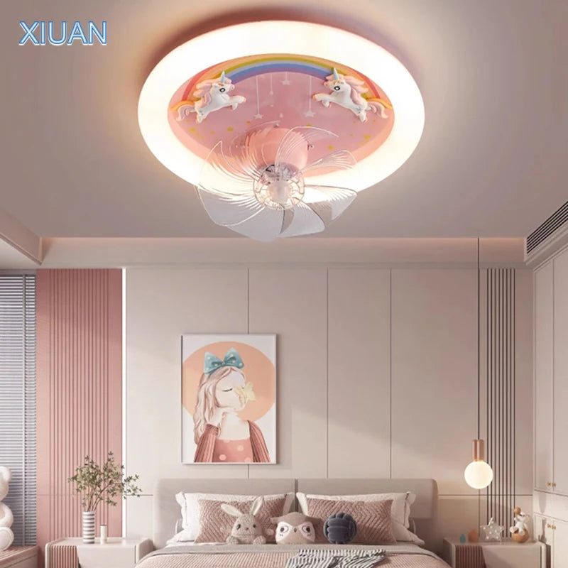 Creative LED Ceiling Light with Fan Pink Princess Children's Room Bedroom Ceiling Fan Resin Unicorn Rainbow Remote Control 220V - vue 2 sur 7
