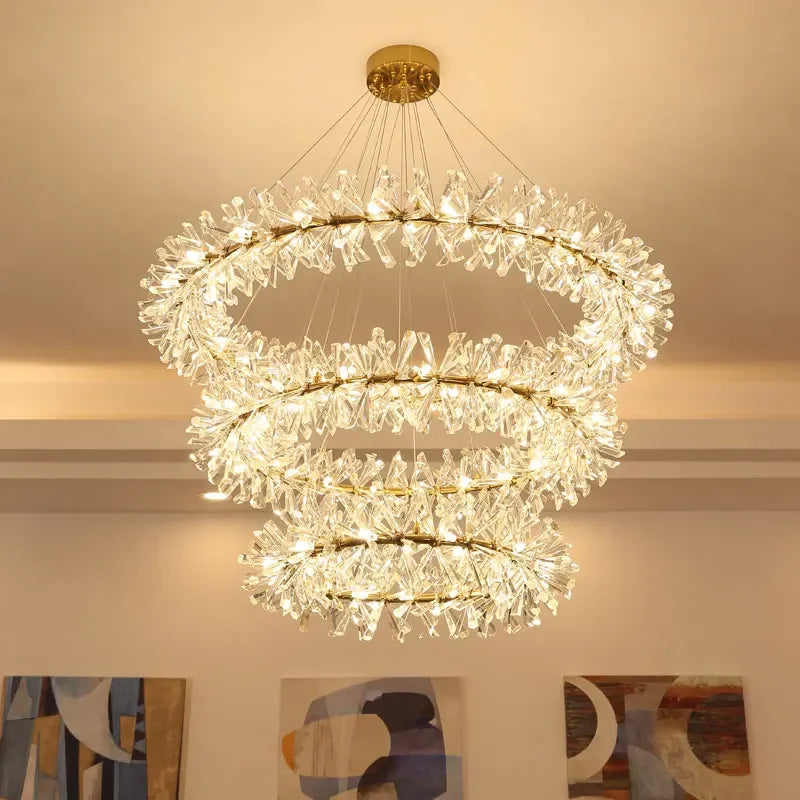 lustre en cristal moderne avec anneaux suspendus led de luxe - vue 3 sur 16
