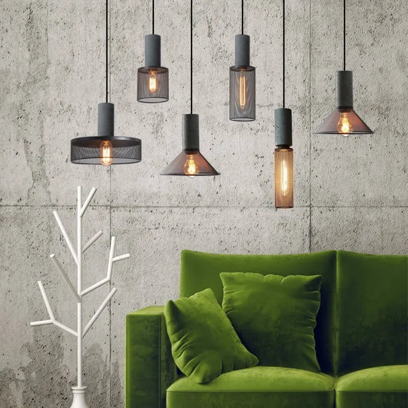 Lampe LED industrielle suspendue rétro à plusieurs têtes en ciment - vue 2 sur 15