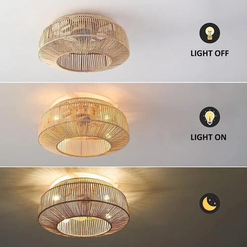 plafonnier ventilateur industriel avec lumière en bambou - vue 4 sur 7