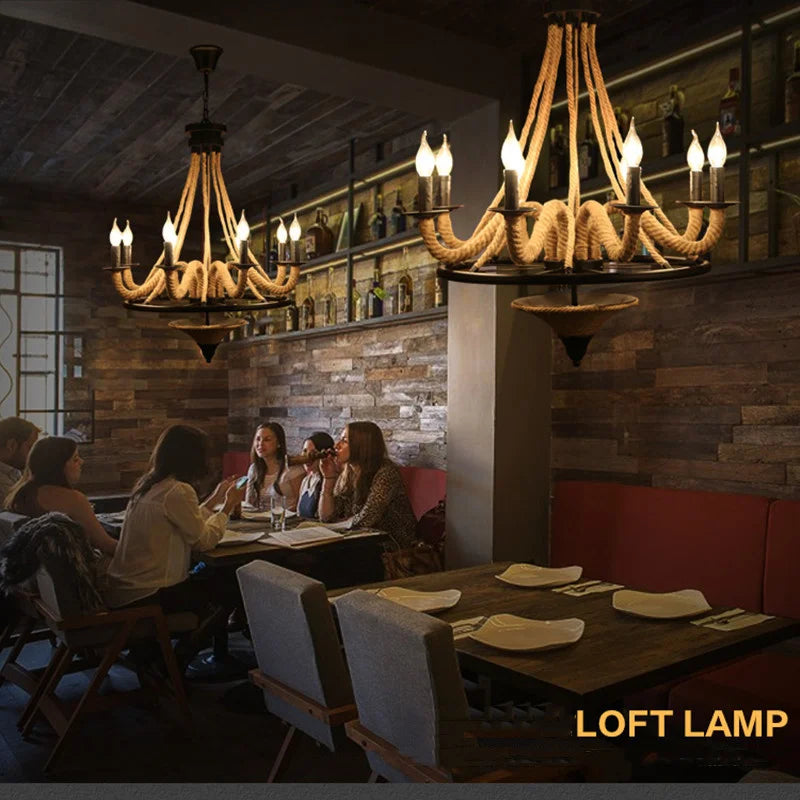 Loft américain lustre en bois nostalgique Restaurant salon Bar Internet café lumière lampe industrielle corde de chanvre suspension - vue 3 sur 7