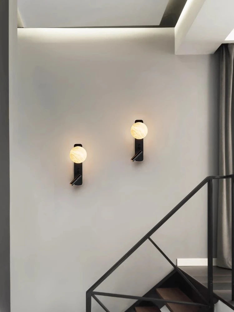 Modern Minimalist Black Rotatable All Copper Natural Marble Wall Lamp, Bedroom Bedside Lamp, Light Luxury Living Room Wall Lamp - vue 5 sur 7