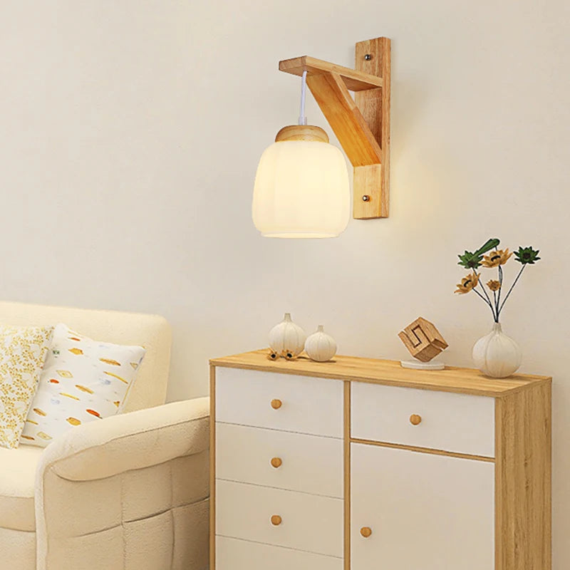 Japanese Wood Wall Lamp Wabi-sabi Style Bedside Light Fabric Lampshade Chinese Lantern Wall Light for Living Room Restaurant E27 - vue 4 sur 8