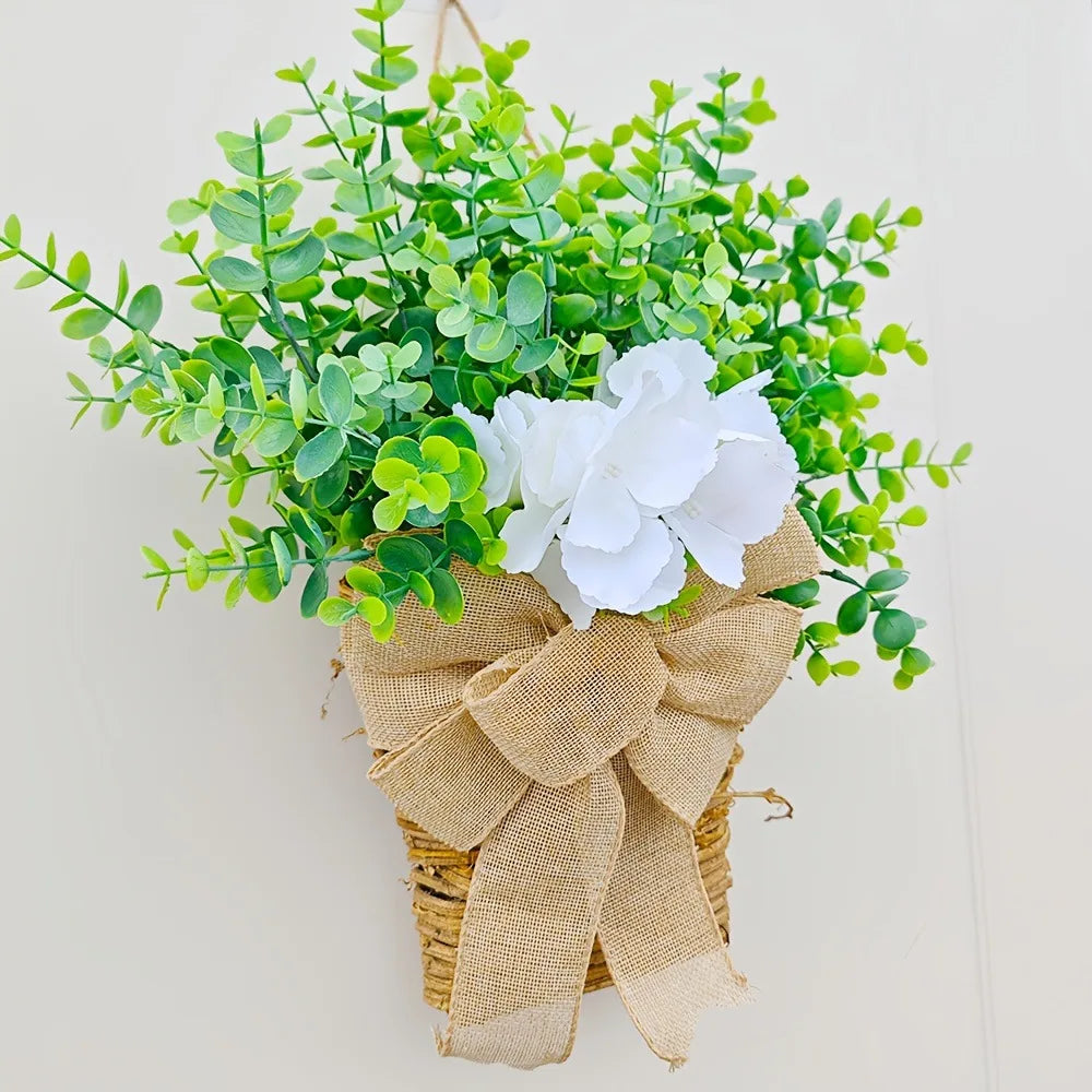 couronne de printemps en eucalyptus et fleurs blanches décorative - vue 6 sur 9