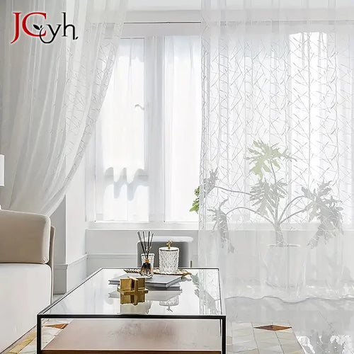 Voilage tulle a motifs rayures style moderne salon - vue 4 sur 7