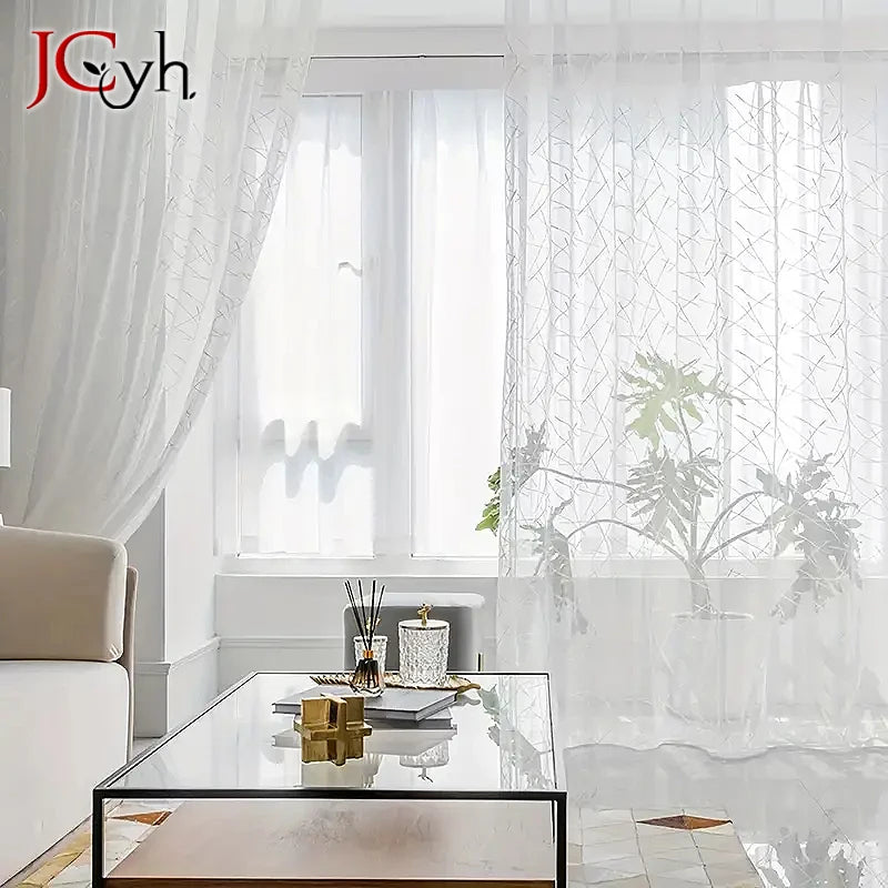 Voilage tulle a motifs rayures style moderne salon - vue 3 sur 7