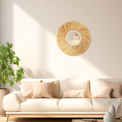 miroir décoratif en perles de bois de raphia fait main style bohème - vue 4 sur 6
