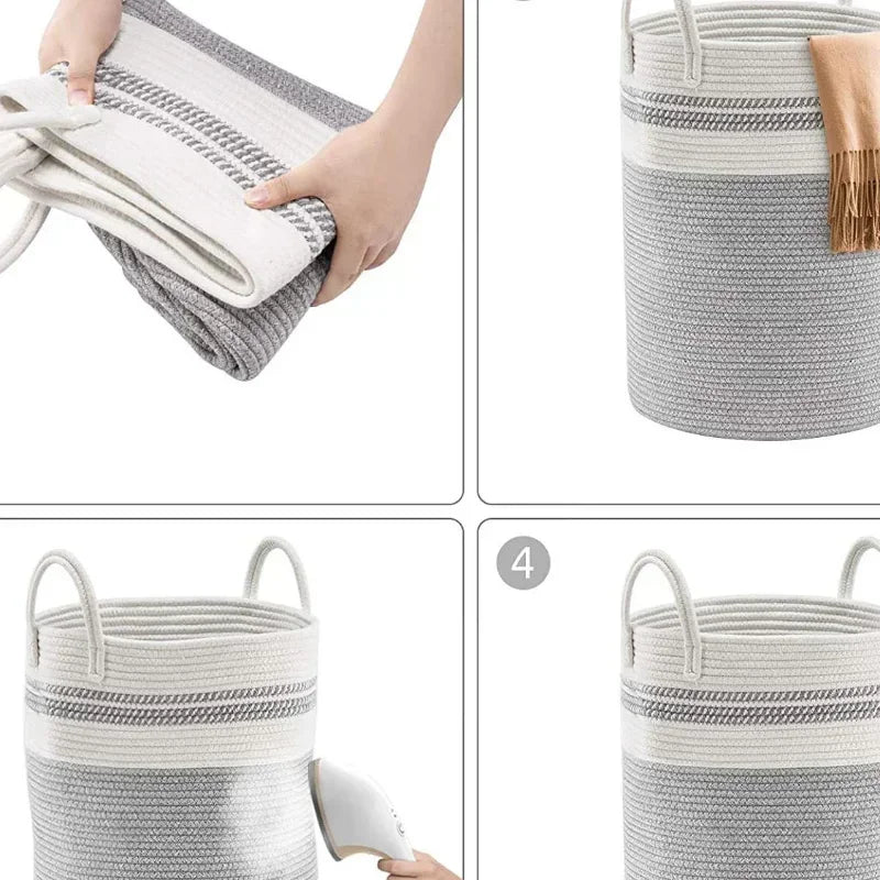 grand panier à linge tissé avec poignées en coton pliable - vue 6 sur 10