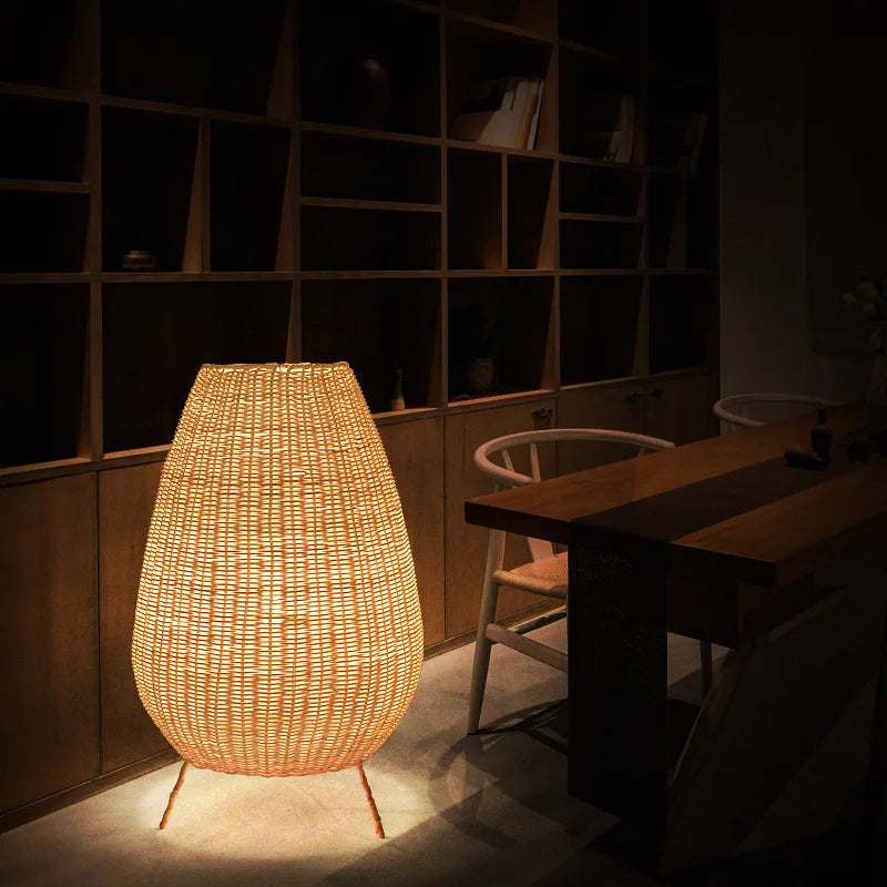 Lampadaire style asiatique en rotin naturel - vue 6 sur 12