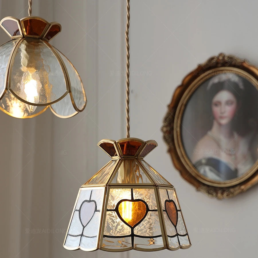 Suspension vintage en cuivre avec abat-jour en verre fait main - vue 4 sur 21