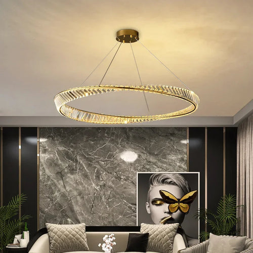 lustre moderne en cristal led avec anneau en acier décoratif - vue 2 sur 13