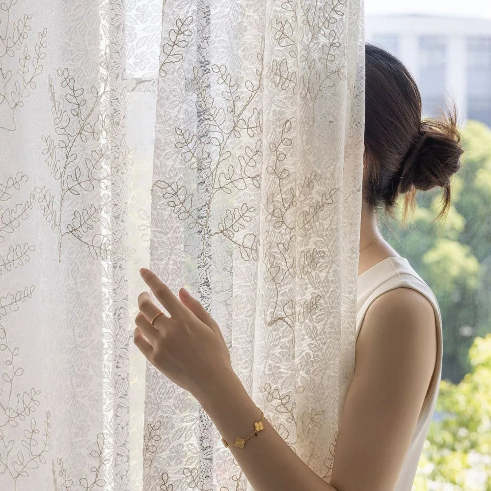 Voilage tulle brodé motifs feuilles pour salon chambre - vue 5 sur 7