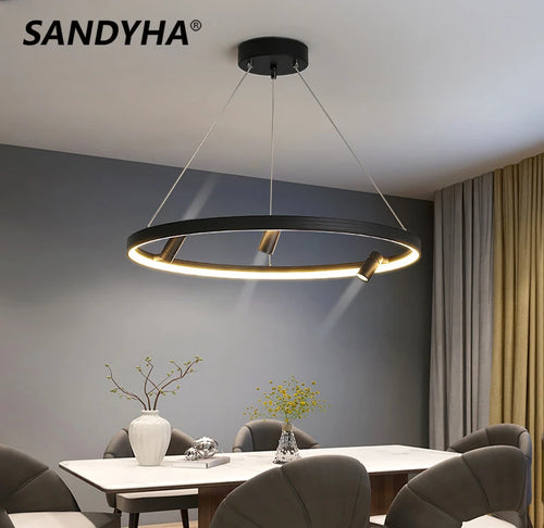 lustre led simple et moderne avec anneau suspension noir - vue 2 sur 9