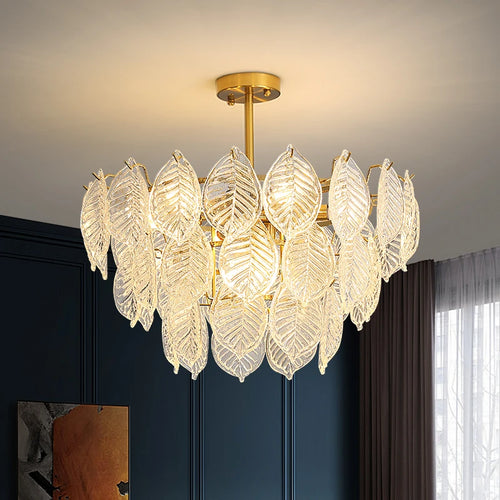 lustre moderne en verre suspendu avec décoration de feuilles - vue 2 sur 11