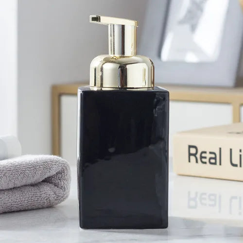 distributeur de savon en céramique avec pompe dorée pour salle de bain - vue 10 sur 17