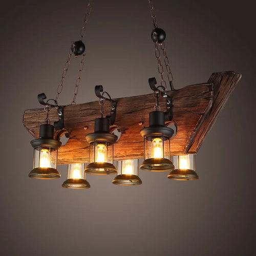 lustre rétro en bois style industriel pour café et restaurant - vue 2 sur 24