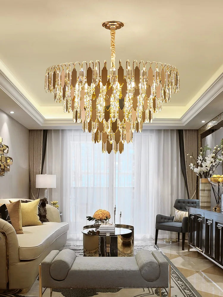 lustre à led de luxe en or chromé pour décoration moderne - vue 5 sur 17