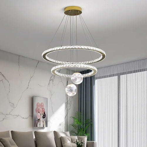 lustre led moderne en cristal doré anneau étoile boule de verre - vue 3 sur 13