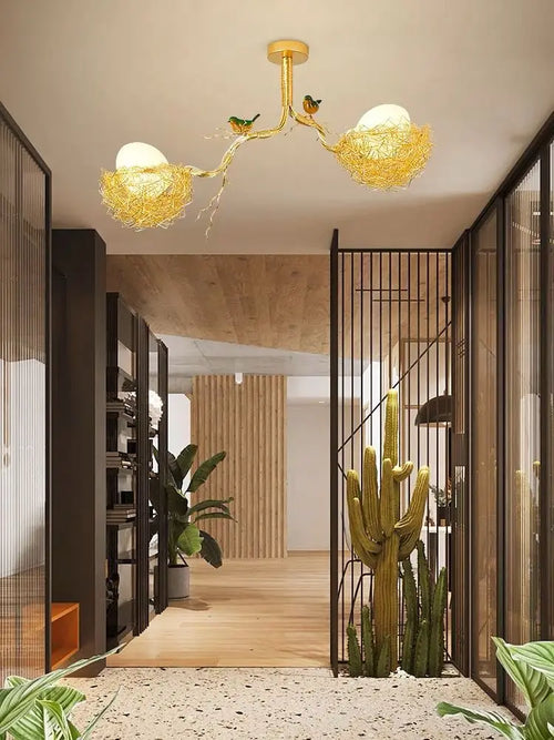 lustre led moderne en forme de nid d'oiseau avec boule de verre - vue 6 sur 14