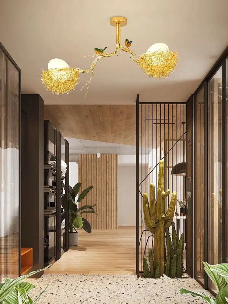 lustre led moderne en forme de nid d'oiseau avec boule de verre - vue 5 sur 14