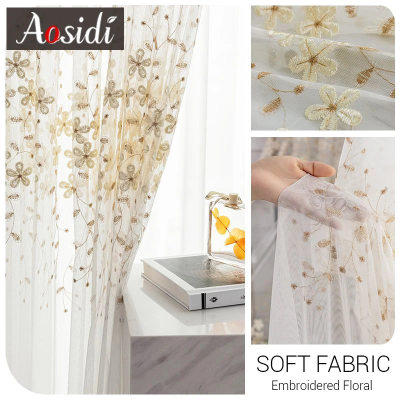 Voilage brodé fleurs style pastoral pour salon chambre - vue 1 sur 7