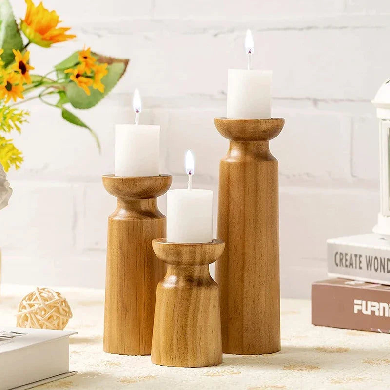 lot de 3 bougeoirs en bois naturel pour décoration rétro de mariage - vue 3 sur 6