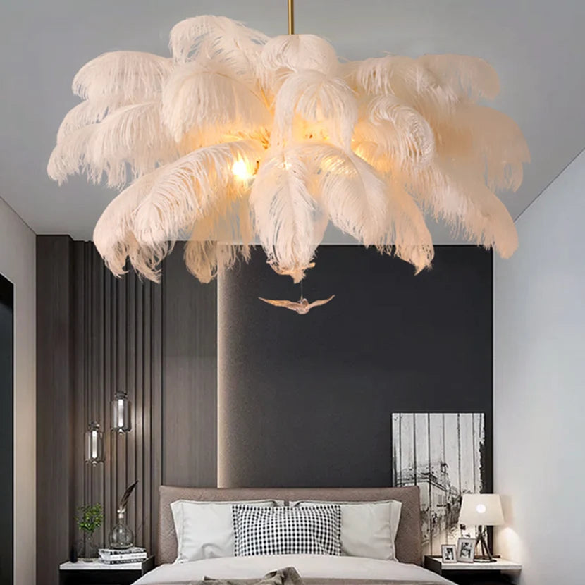 lustre led autruche plume sandyha luxe luminaire suspendu - vue 3 sur 13