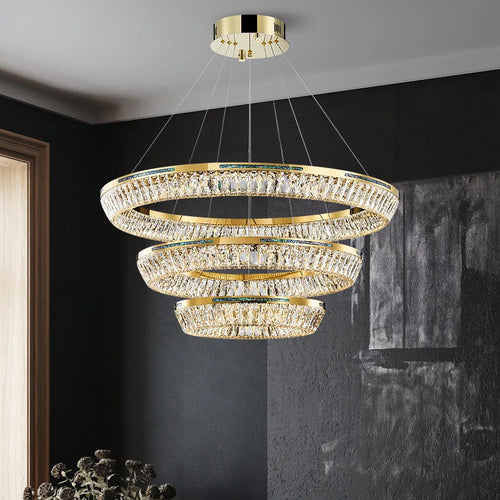 lustre moderne en cristal et cuivre trois couches éclairage intérieur - vue 2 sur 14