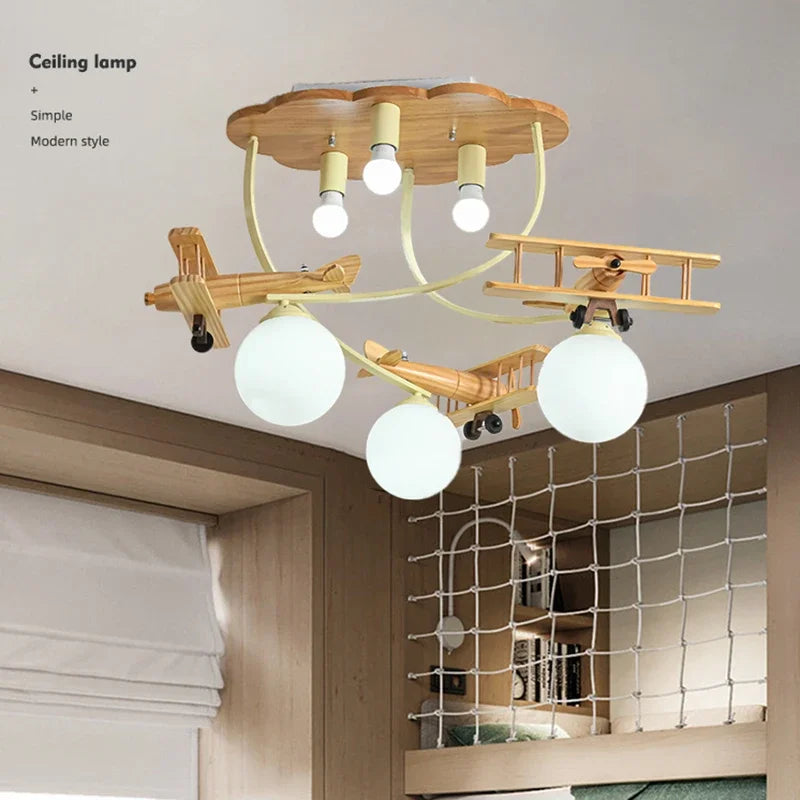 lustre en bois avion pour chambre d'enfant plafonnier led - vue 3 sur 7