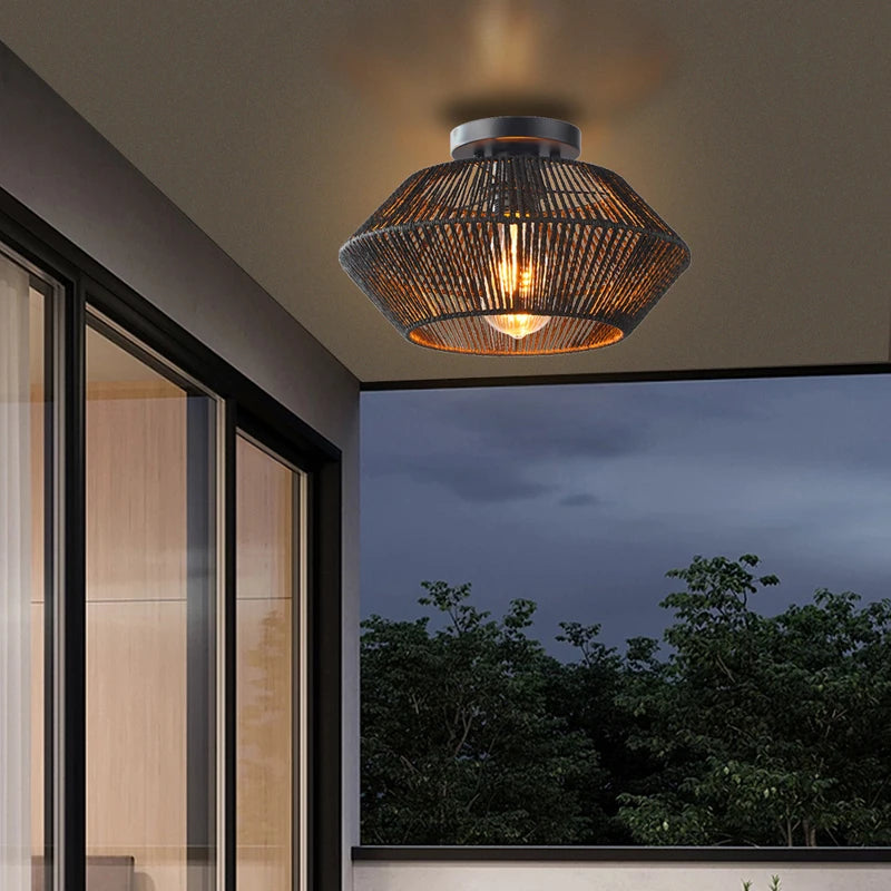 Plafonnier tissé de vigne rétro noir lampe tissée couloir silencieux chambre plafonnier tissé de vigne - vue 7 sur 7