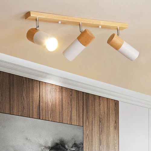 plafonnier en bois avec projecteur rotatif réglable décoratif - vue 2 sur 17