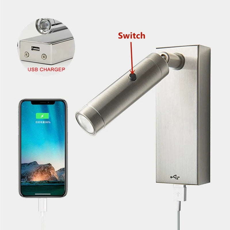3W LED Reading Wall Lamp With Switch DC5V USB Charging Port Bedside 350 Degree Rotation Bedroom Hotel Headboard Sconces Light - vue 4 sur 7