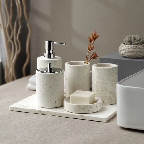 ensemble daccessoires en travertin beige pour salle de bain - vue 3 sur 20