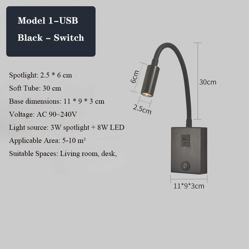 applique murale led moderne avec ports usb et interrupteur - vue 8 sur 22