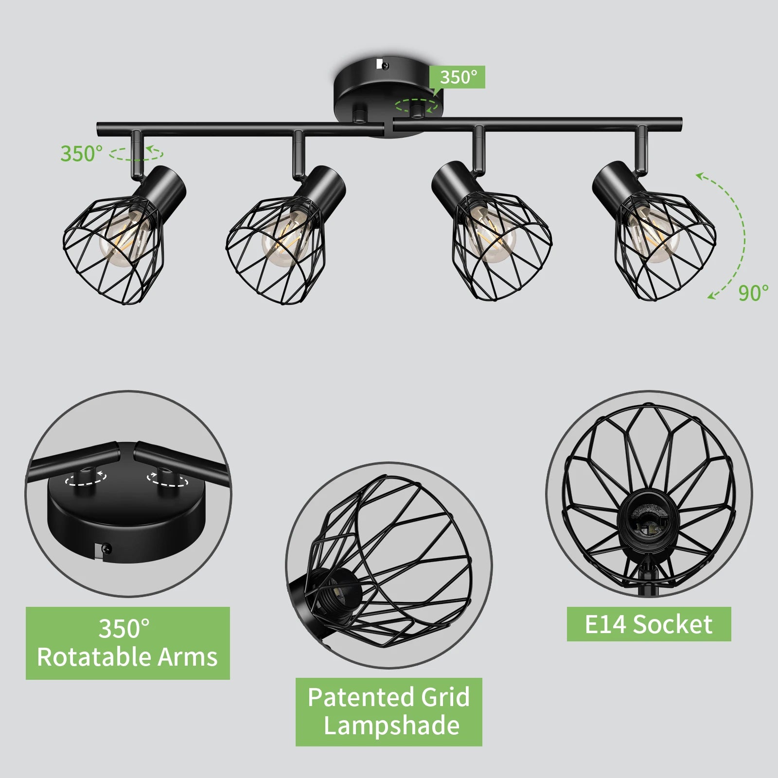 Plafonnier LED 4 voies rotatif - Lumières noires/blanches - Luminaires de plafond - Cage métallique pour plafond E14 - Spot de plafond - vue 5 sur 8