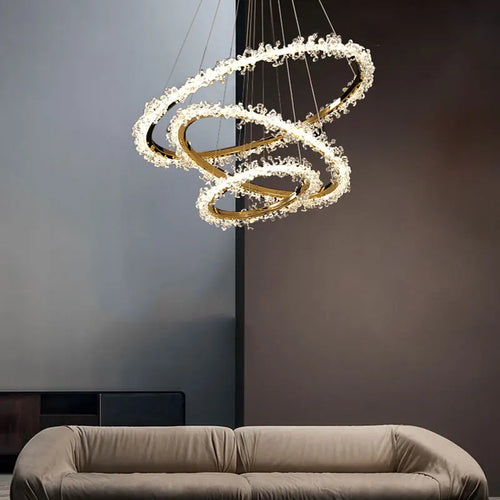 lustre en cristal de luxe avec anneau doré lumineux et élégant - vue 5 sur 18