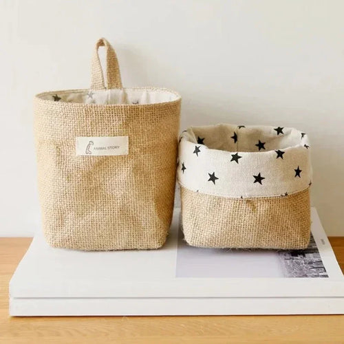 panier de rangement en coton et lin avec poignée - vue 5 sur 16