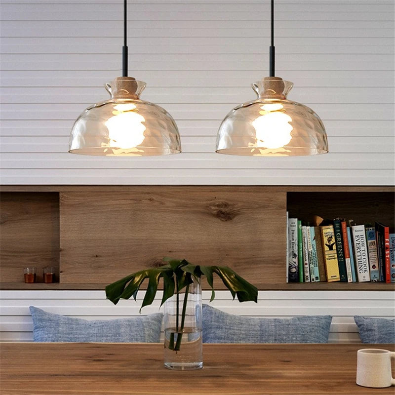 suspension led en verre grain d'eau et bois nordique rétro - vue 4 sur 11