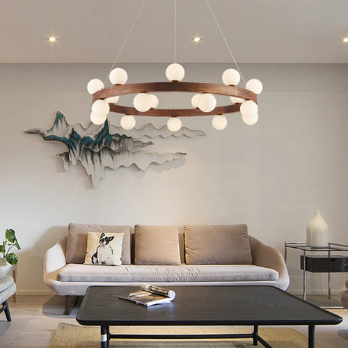 lustre rond en noyer avec ampoules en verre led moderne - vue 3 sur 9
