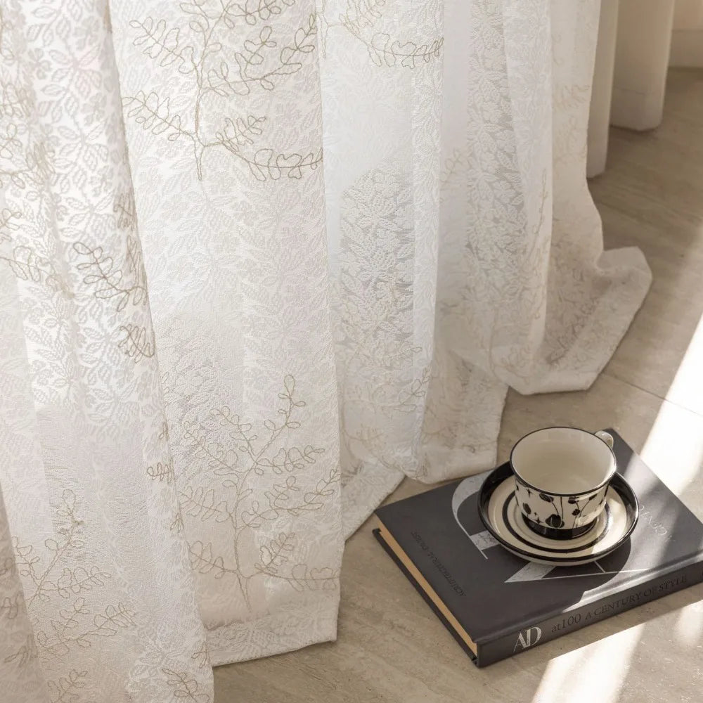 Voilage tulle brodé motifs feuilles pour salon chambre - vue 1 sur 7