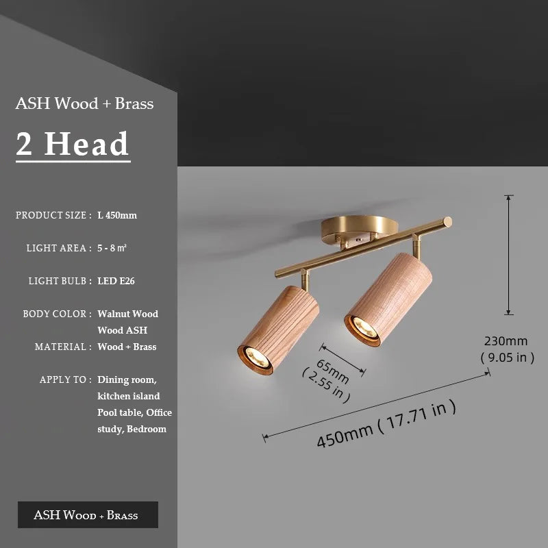 Walnut Wood Brass Spotlight Ceiling Light Fixture, Living Room Light for Dining Room, Kitchen Island, Corridor aisle, bedroom - vue 9 sur 14