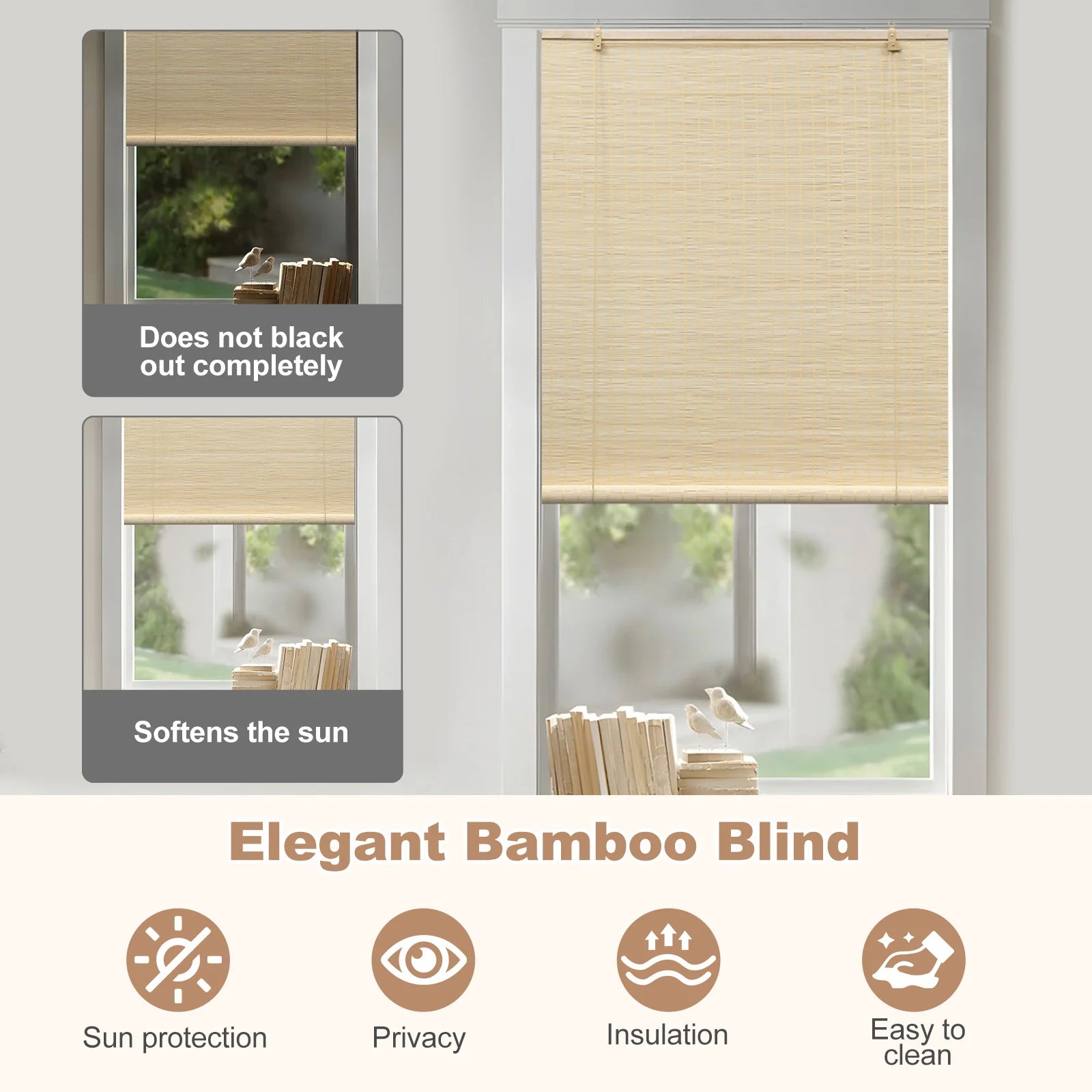 Store enrouleur bambou filtrant ventilation pour fenêtre salon